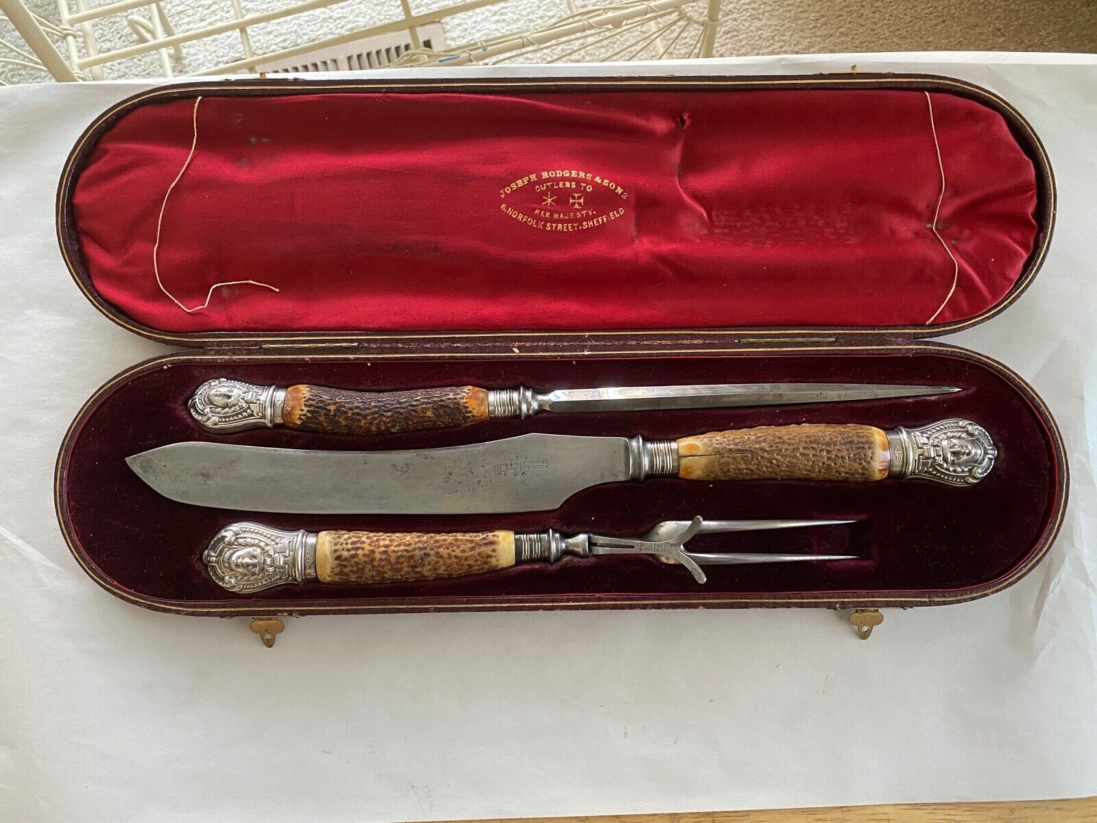 Antique Victorian Joseph Rodgers & Sons 3 Piece Carving Set with Box - Pre 1901