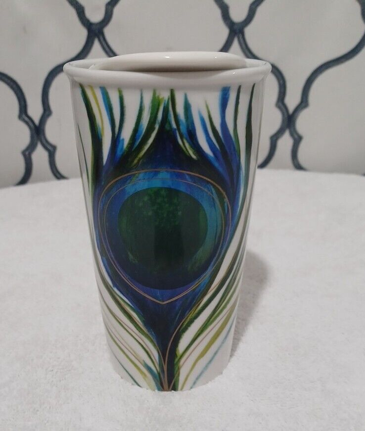 2015 Starbucks Peacock Feather Ceramic Tumbler 12oz Travel Coffee Cup w Lid 