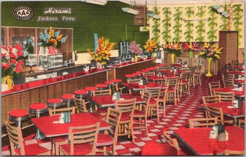 JACKSON, Tennessee Postcard HIRAM\'S RESTAURANT Interior View / Linen c1950s
