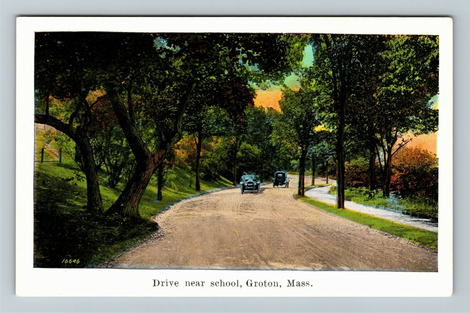 Groton MA-Massachusetts, Drive Near School, Automobiles Vintage Postcard