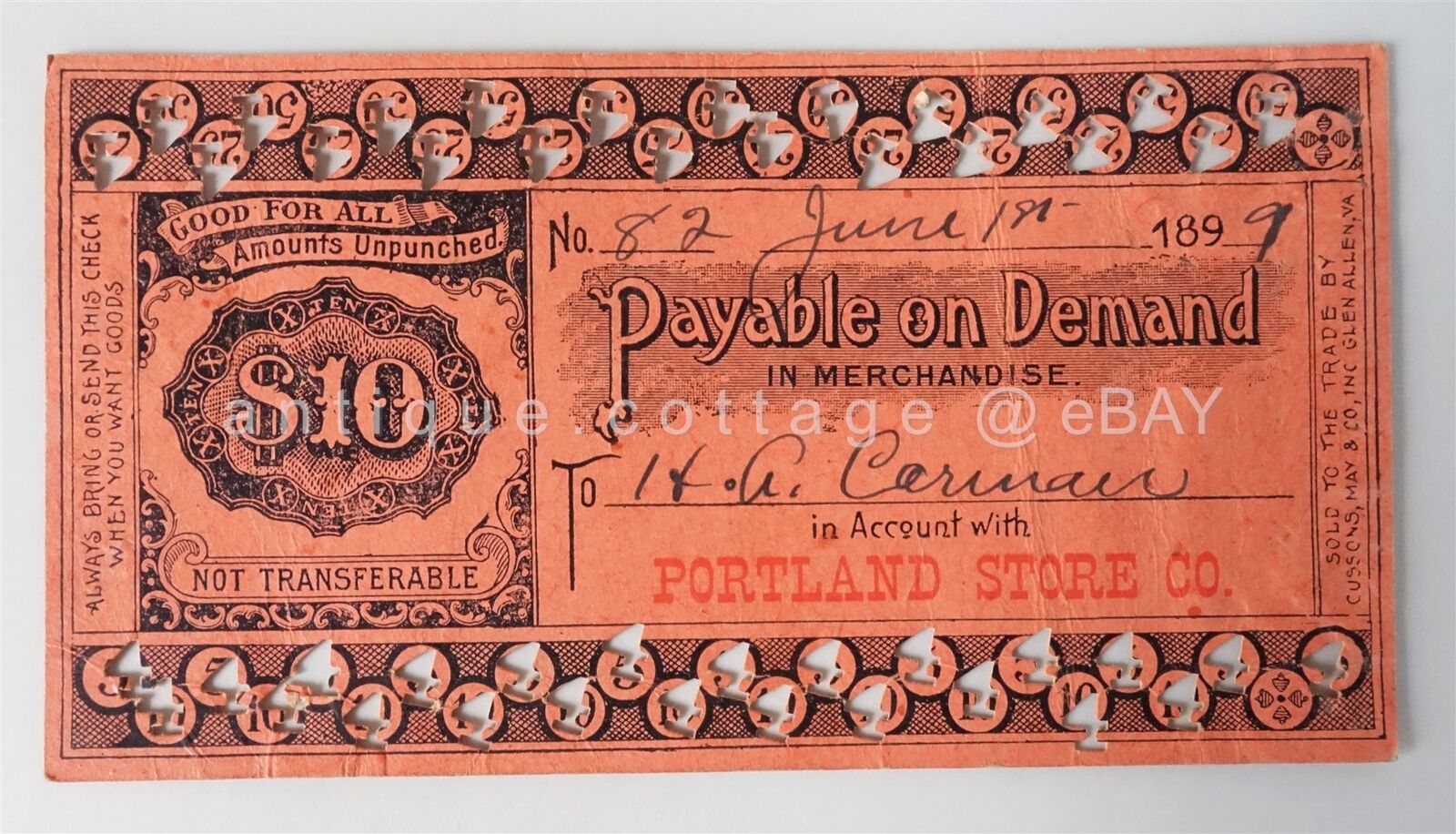 1899 antique $10 PORTLAND STORE ACCOUNT CHECK PUNCH CARD #82 MERCHANDISE carmen