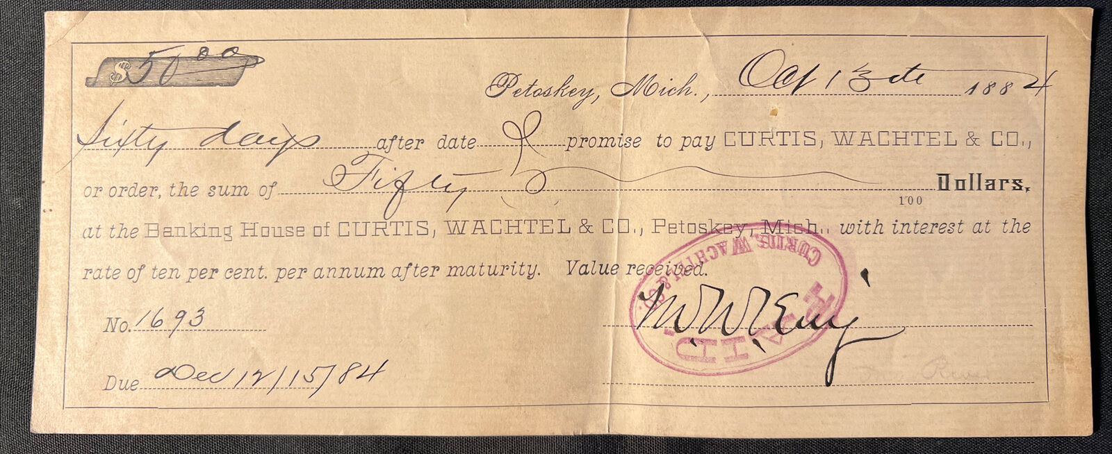 Vtg 1894 Check I.O.U. to Banking House of Curtis Wachtel & Co Petoskey Michigan