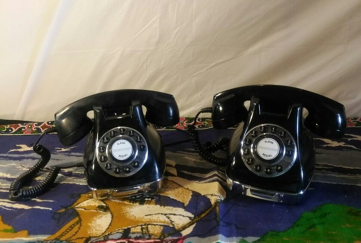 2 Black Vintage Classic Phone 3 Rotary Dial Home Phone Mid Century w/Compartment