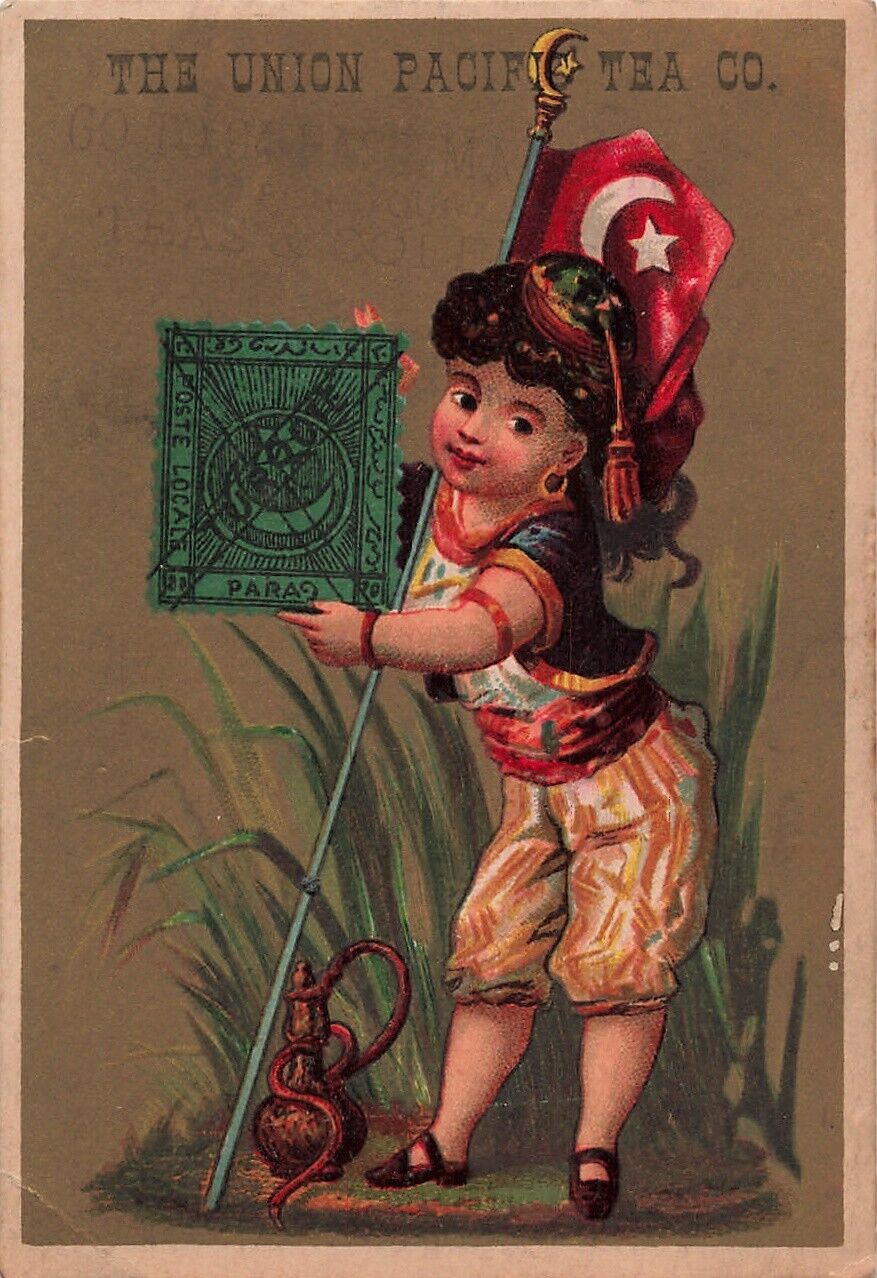 Turkish Girl Stamp Ottoman Victorian Trade Card c1880s Union Pacific Tea *Ab9a