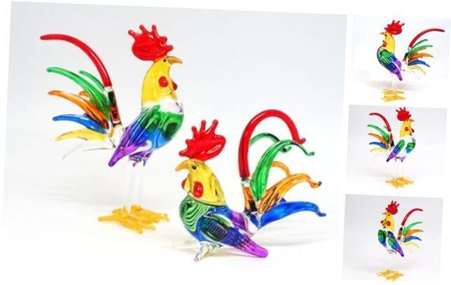 ZOOCRAFT Hand Blown Glass Chicken Figurines Collectibles Rooster Set of 2, 1.2 
