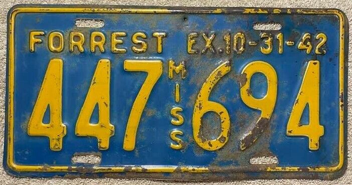1942 Forrest County Mississippi License Plate 447-694 Vintage Antique