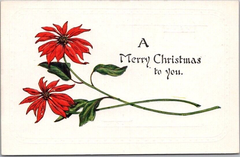 Vintage 1910s MERRY CHRISTMAS Embossed Postcard Poinsettia Flowers / UNUSED