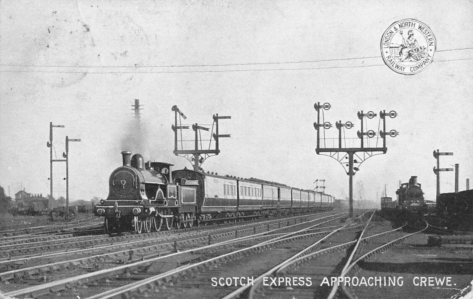 Antique locomotive Postcard Scotch Express Approaching Crewe - 1905 L & NWR (R2)