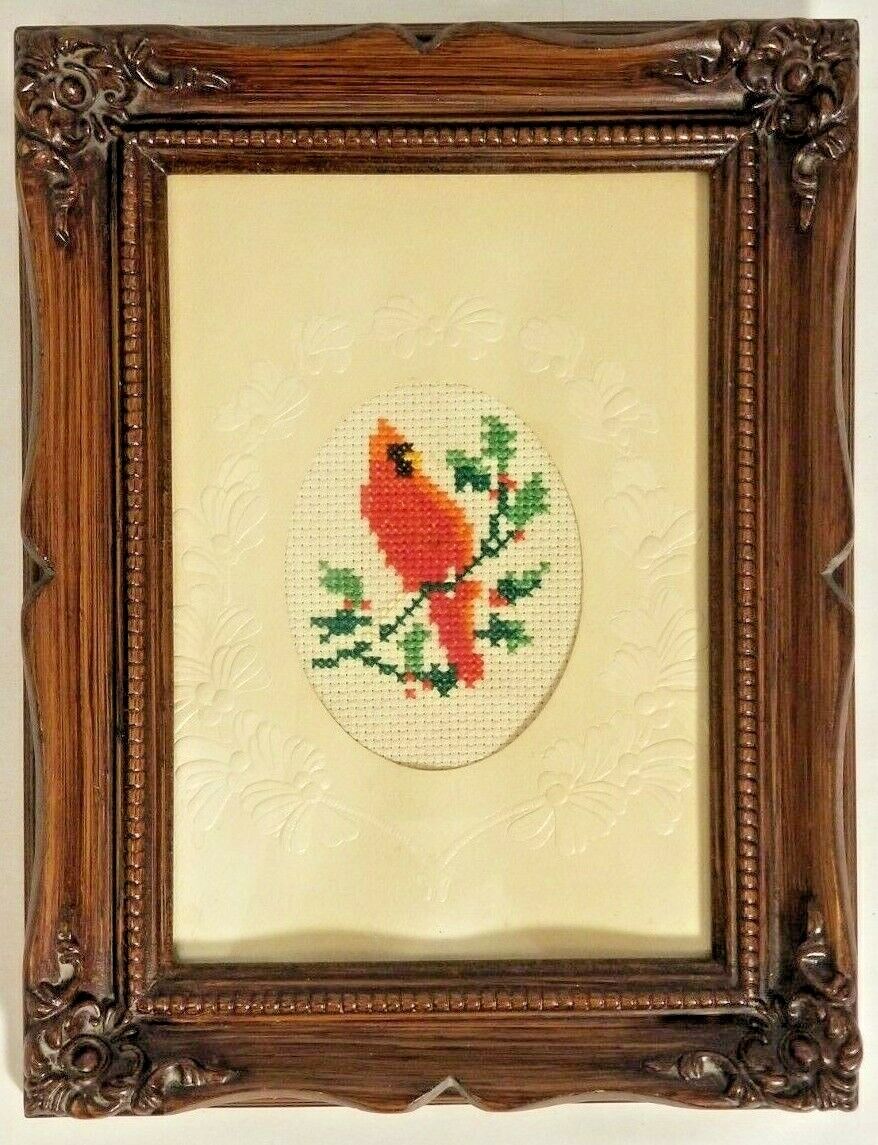 Vintage Framed Cross Stitch of Cardinal on Branches in Vintage Wooden Frame