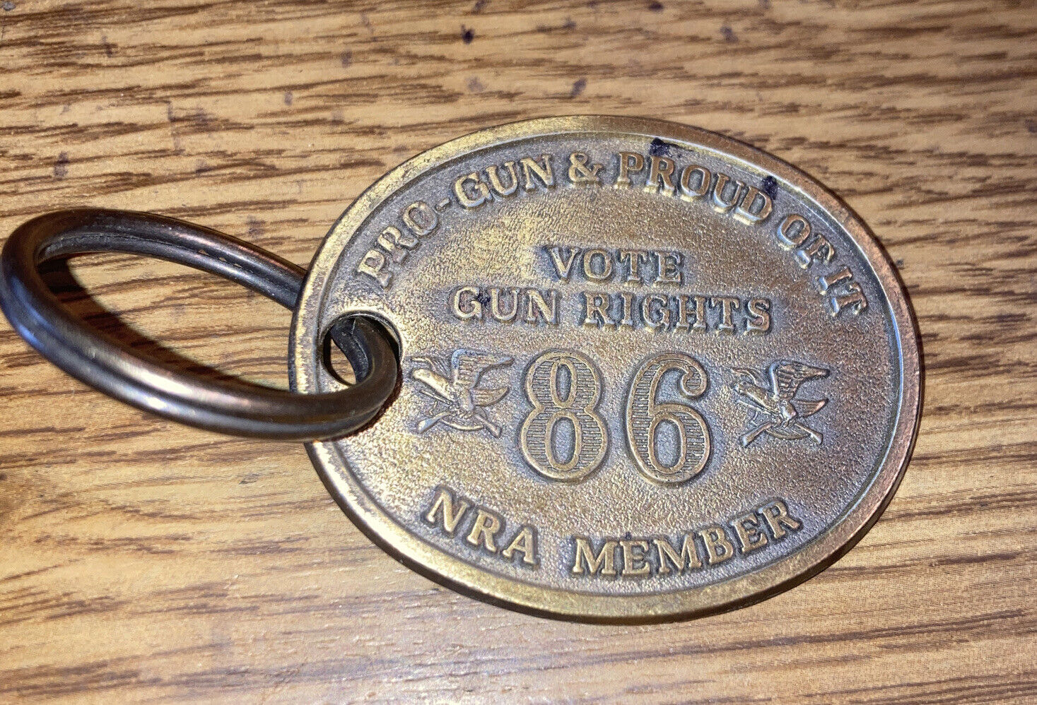 Pro Gun & Proud of It Vintage Brass Keychain, Vote Gun Rights 86 NRA Member, USA