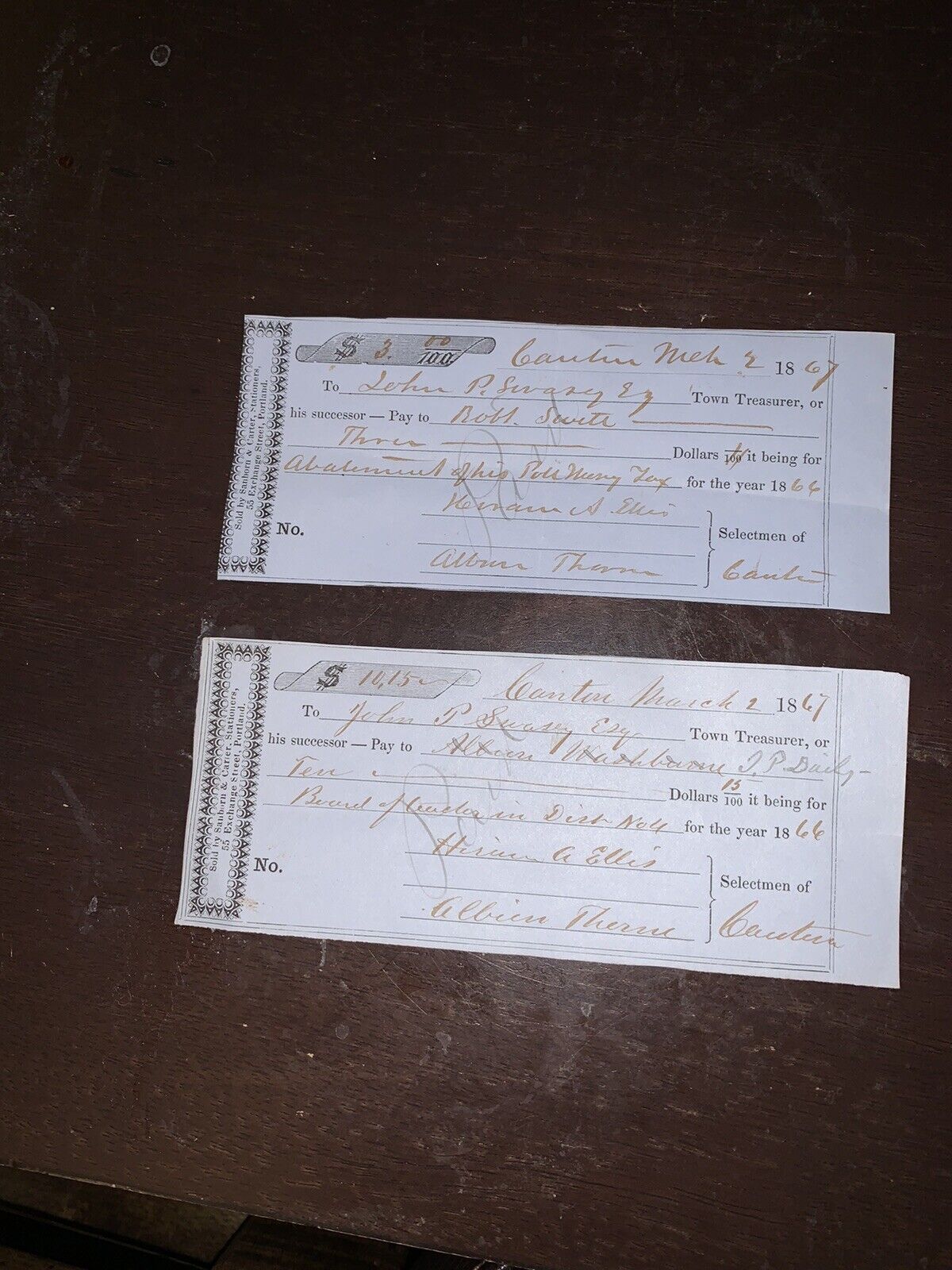 1867 - Canton, Maine, 2 hand-written checks from Civil War Era