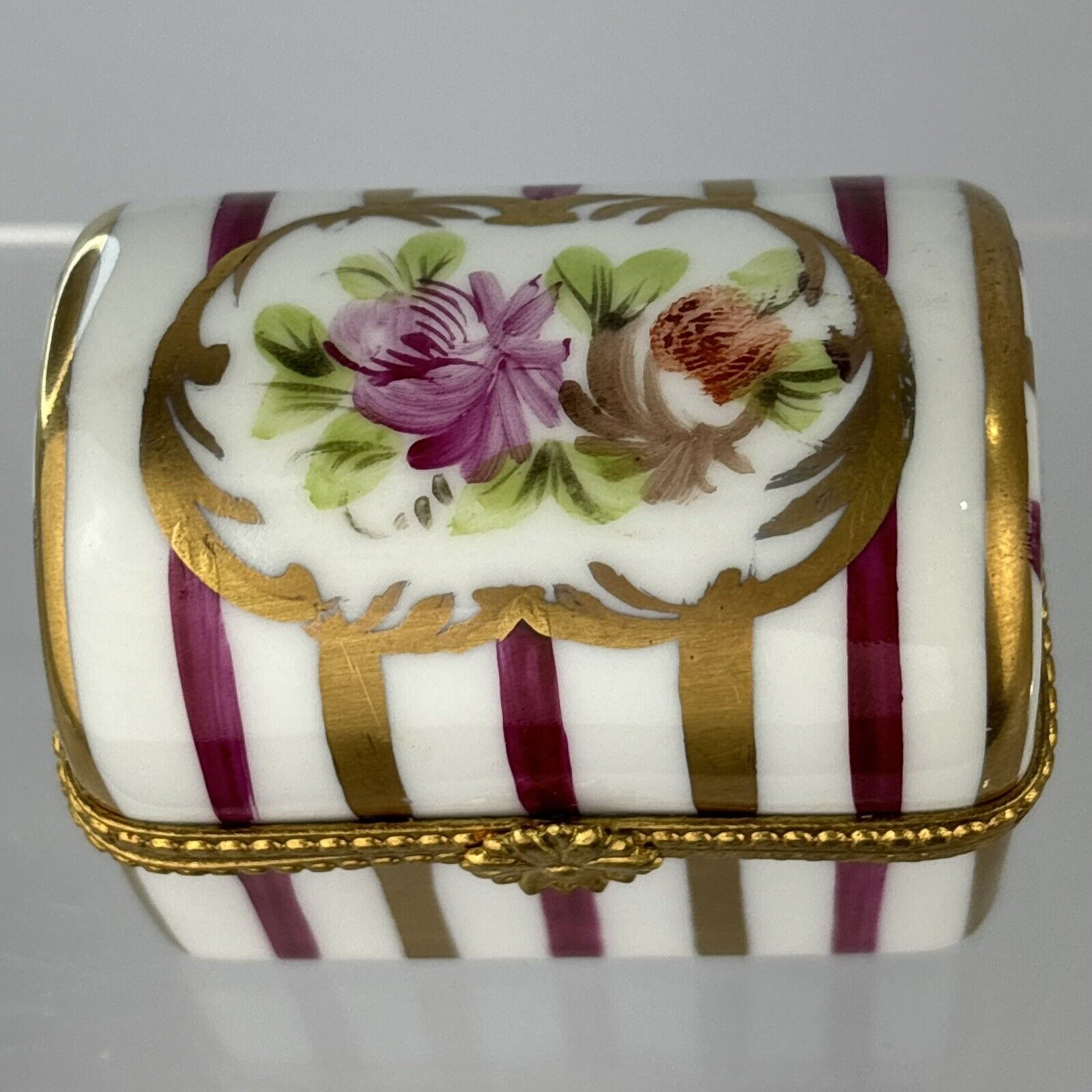 Vintage Limoges France JD Dumont Peint A La Main Gold & Pink Stripe Floral Chest