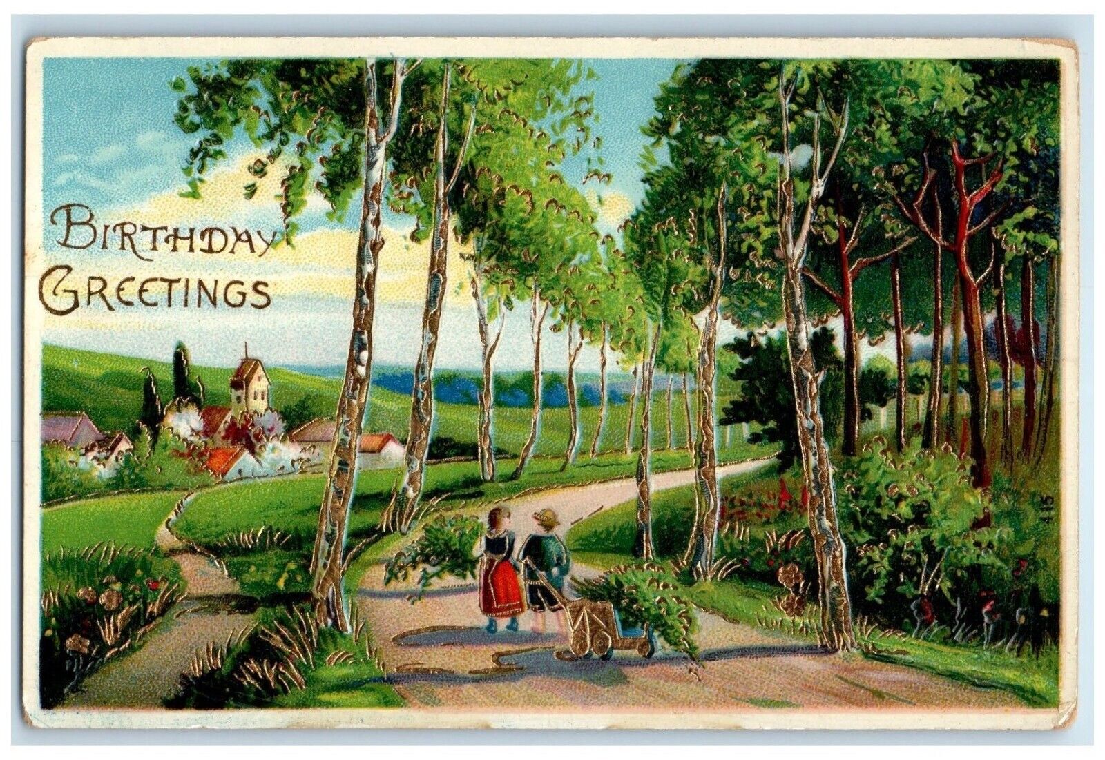Birthday Greetings Children Pulling Wagon With Pine Tree Gel Gold Gilt Postcard
