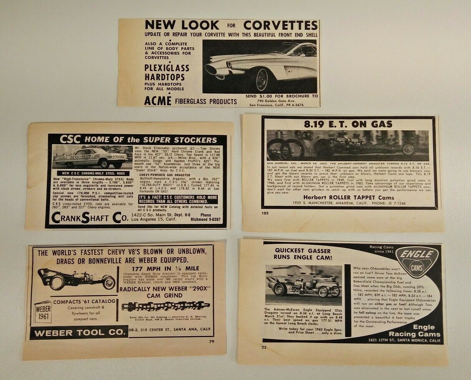 1960s Car Magazine Print Ads 72 Pc Liquid Wrench Gunk Corvette Weber Engle Cams