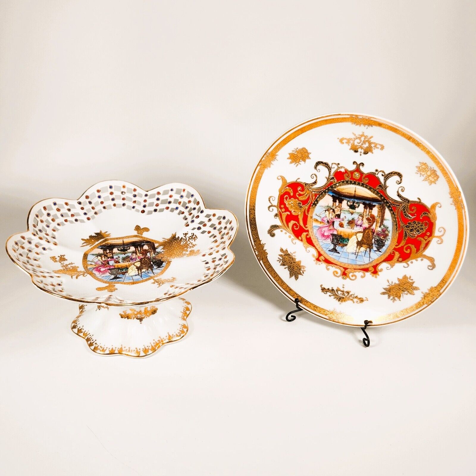 Vintage L.F. Fine Porcelain Limoges Plates & Compote Set - Elegant Gold Trim