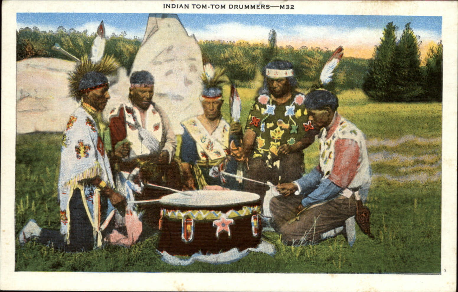 Indian Tom-Tom Drummers regalia attire 1920s unused linen vintage postcard