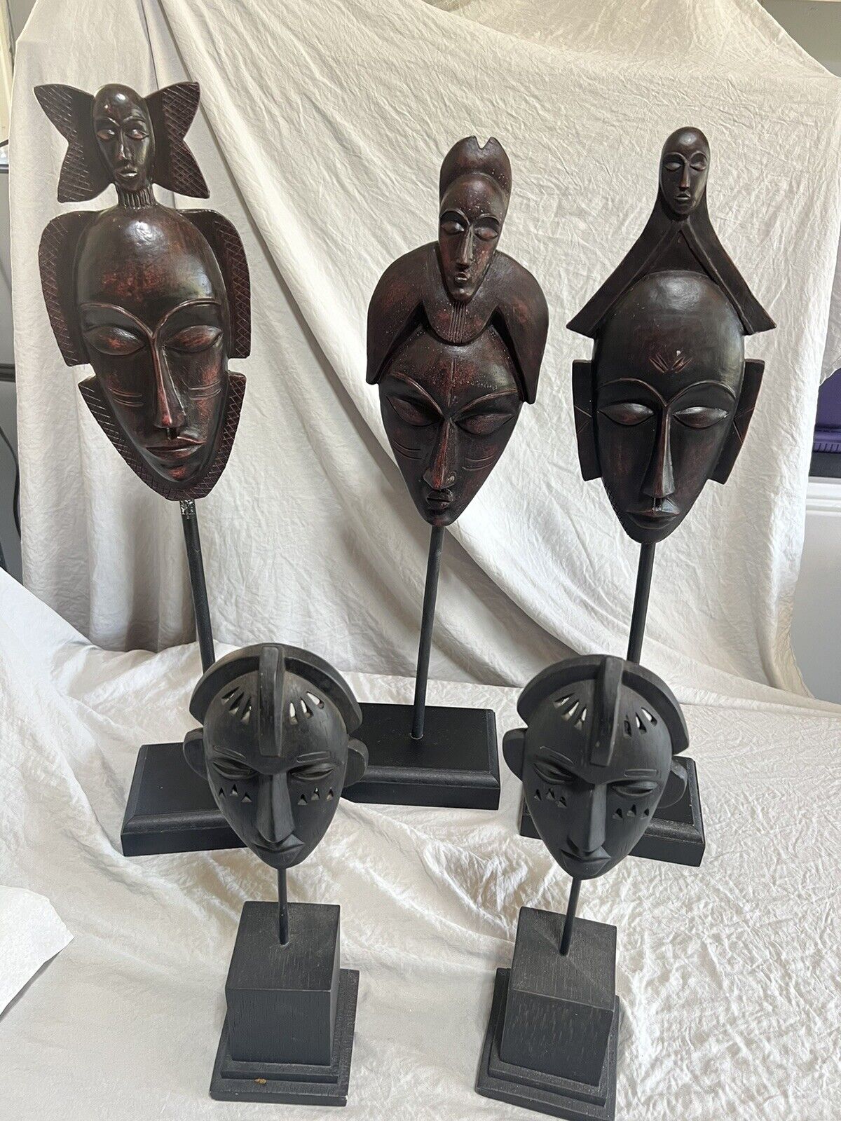 LOT OF 5 African Mask Art Wood Tribal Sculpture Candleholders Masks