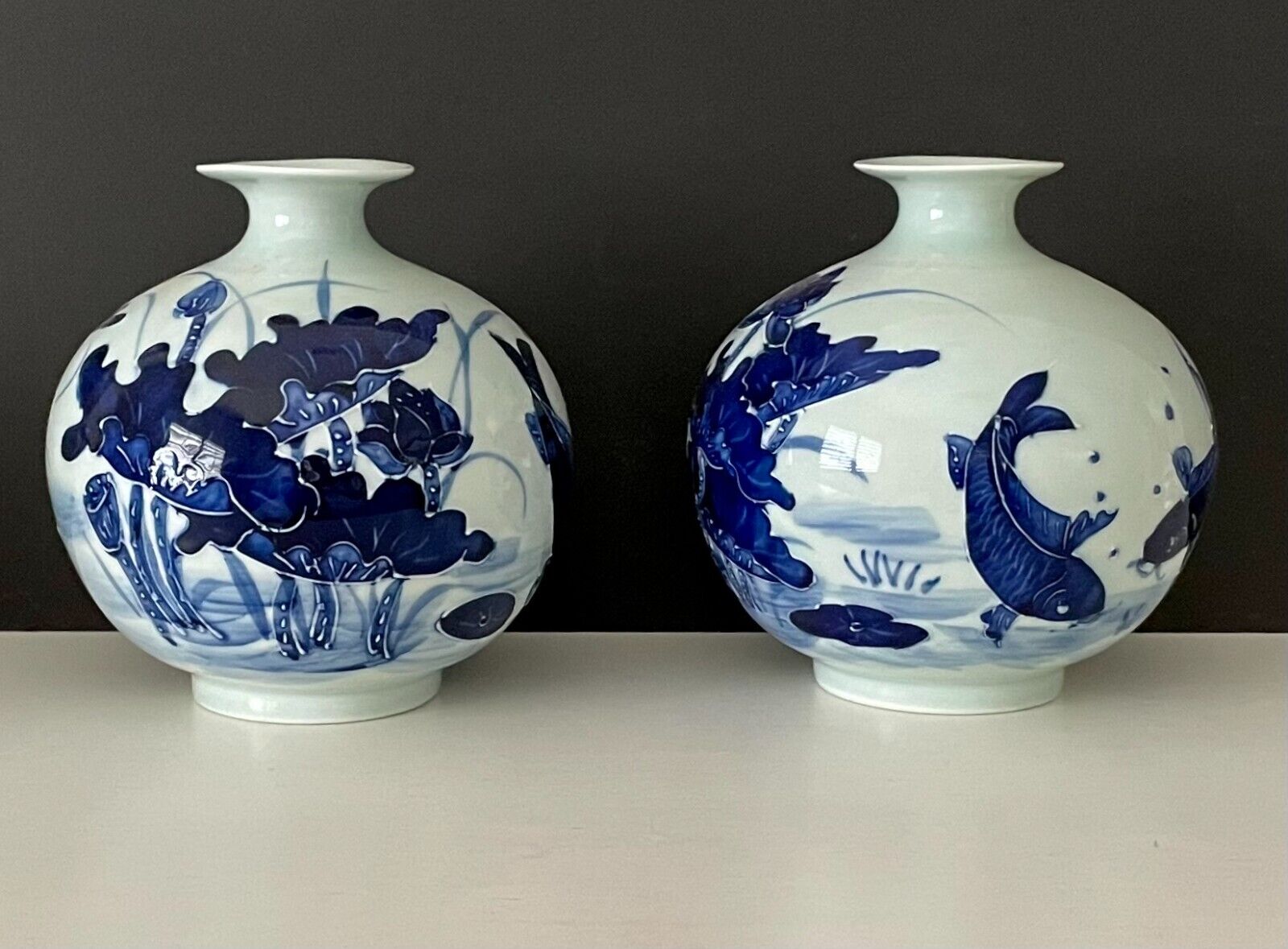 A Pair of Chinese Porcelain Vases Blue and White Lotus Koi Fish Signed
