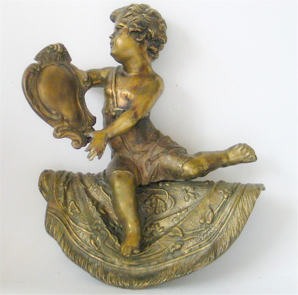 Large Antique Continental Bronze Sculpture - Cupid Putto w/Shield c.1900