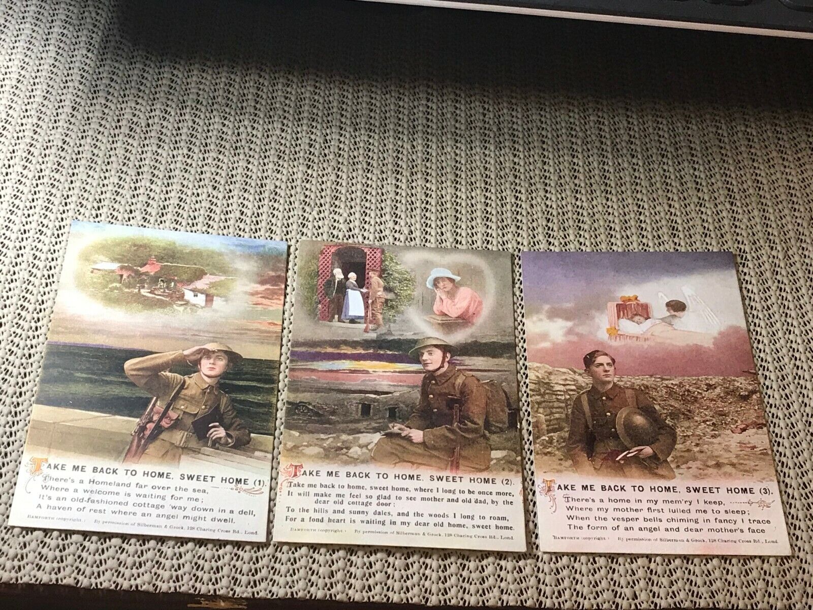 3 Orig WW1 Soldier  Postcards Take Me Back Sweet Home Thoughts of Loved Ones