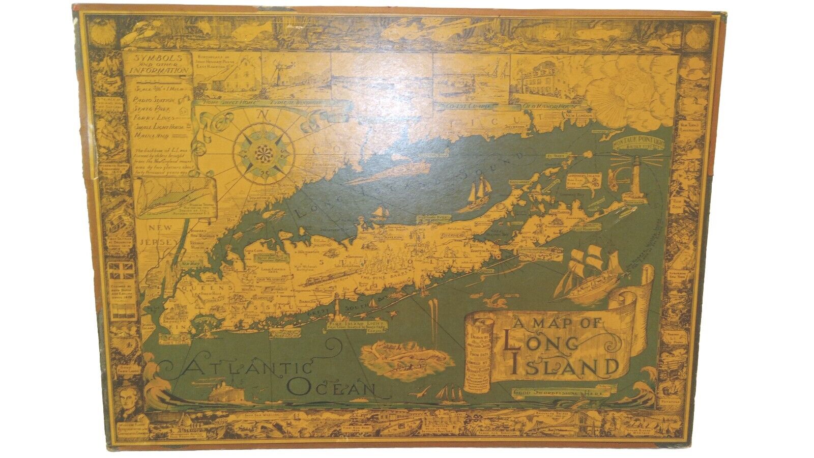 1933 Rare Famous MAP OF LONG ISLAND New York Bronx Brooklyn Queens Manhattan 