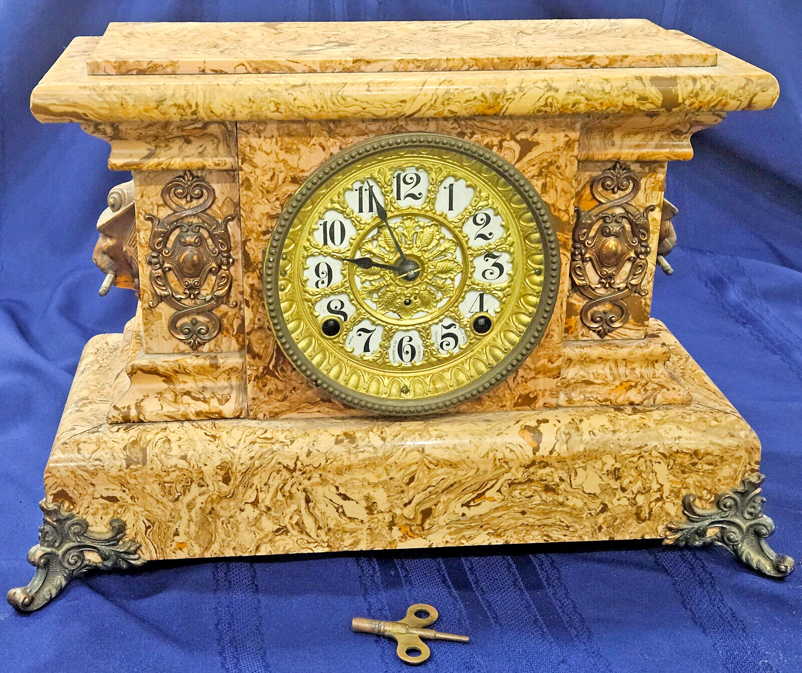Seth Thomas 8 Day Faux Marble Mantle Pendulum Clock Antique Lion Heads NICE RUNS