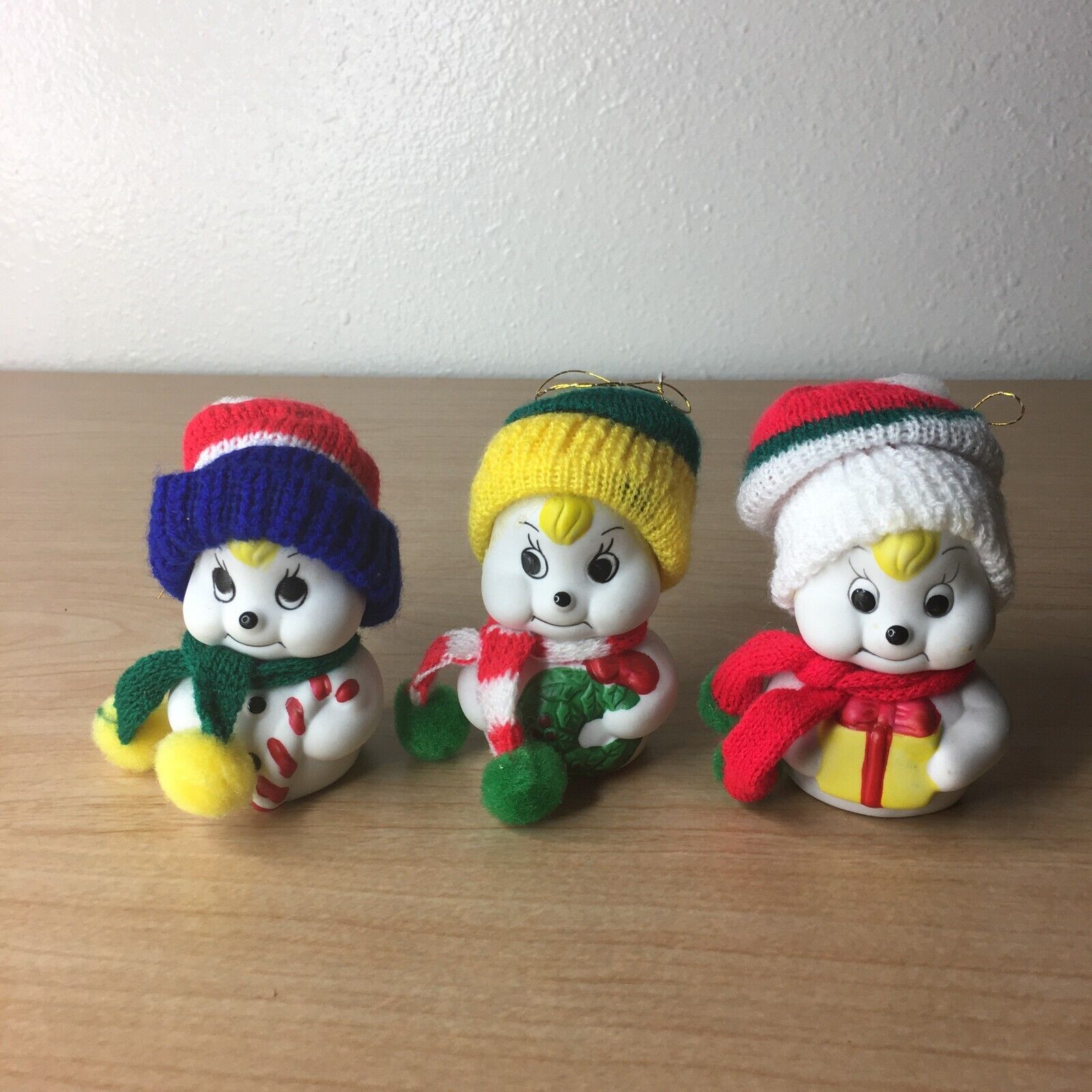 Vintage 1987 Giftco Snowman Porcelain Bell Christmas Tree Ornaments Set of 3