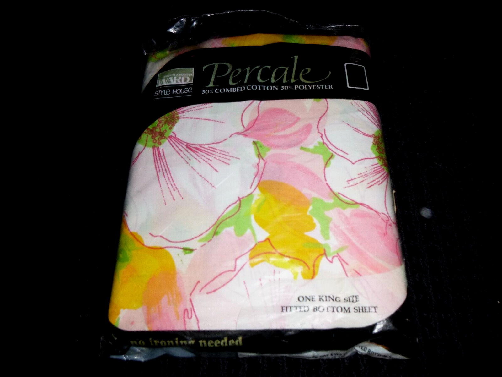 NOS Vtg Style House King FItted Sheet FLoral Mist Pink Yellow FLowers 50/50 Perc
