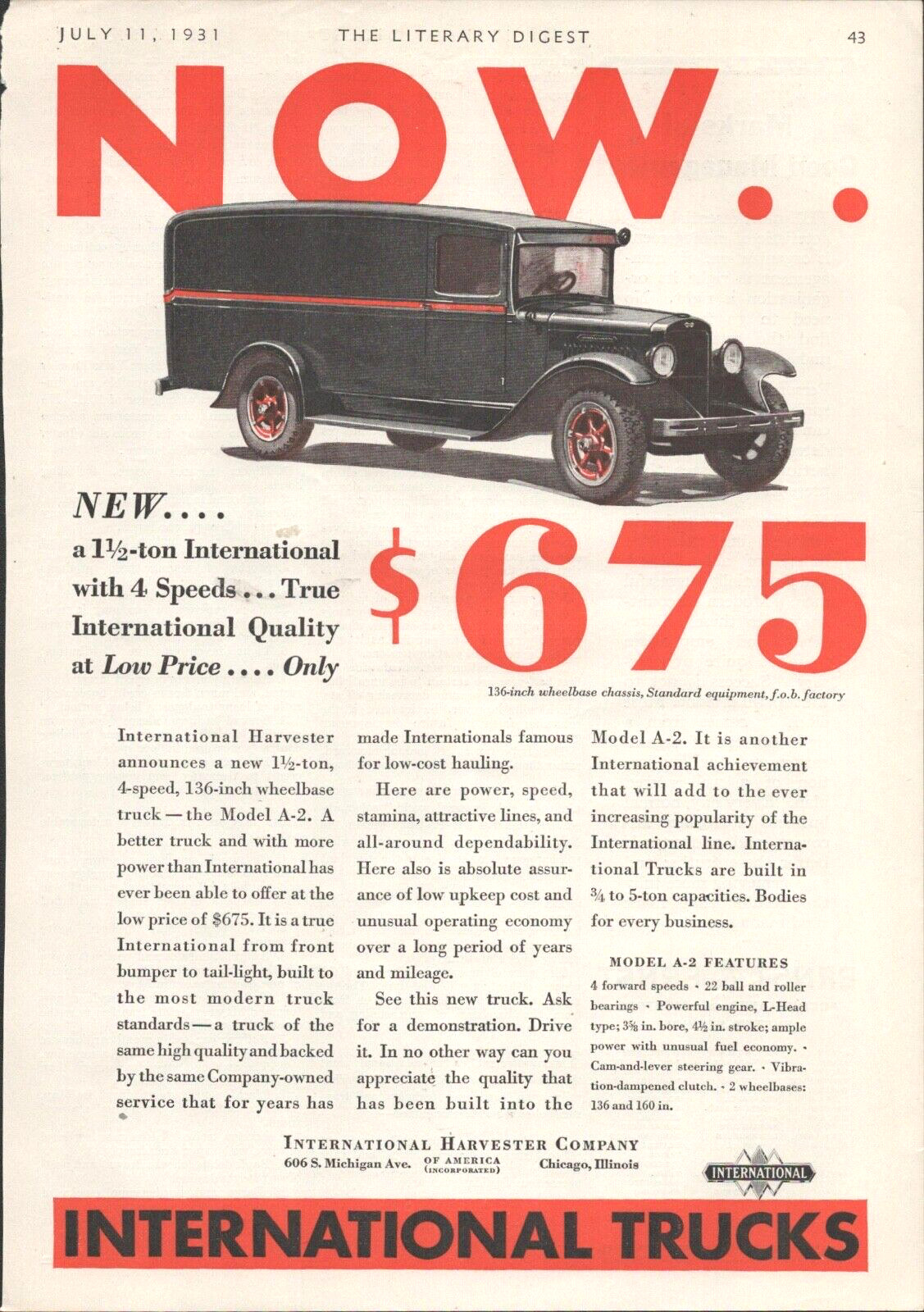 1931 INTERNATIONAL HARVESTER COMPANY magazine advertisement MODEL A-2 TRUCK