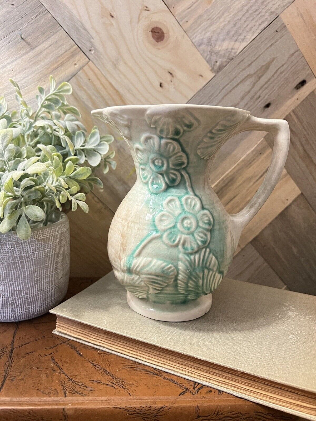 Vintage Ceramic Turquoise And White Floral Pitcher 