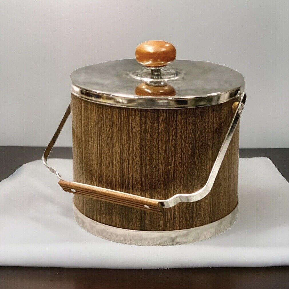 ATAPCO Faux Woodgrain Ice Bucket Chrome Wood Handle 1960s MCM Vintage Barware