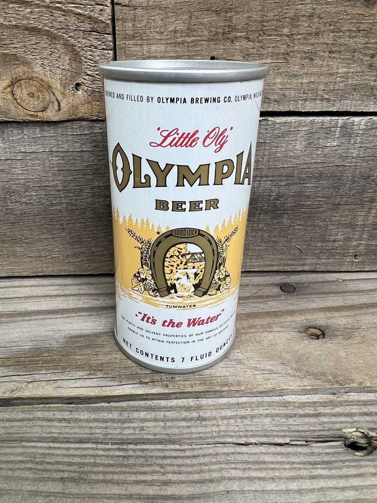 VINTAGE OLYMPIA \'LITTLE OLY\' 7 oz. STRAIGHT STEEL BEER CAN BANK BREWERIANA AS-IS