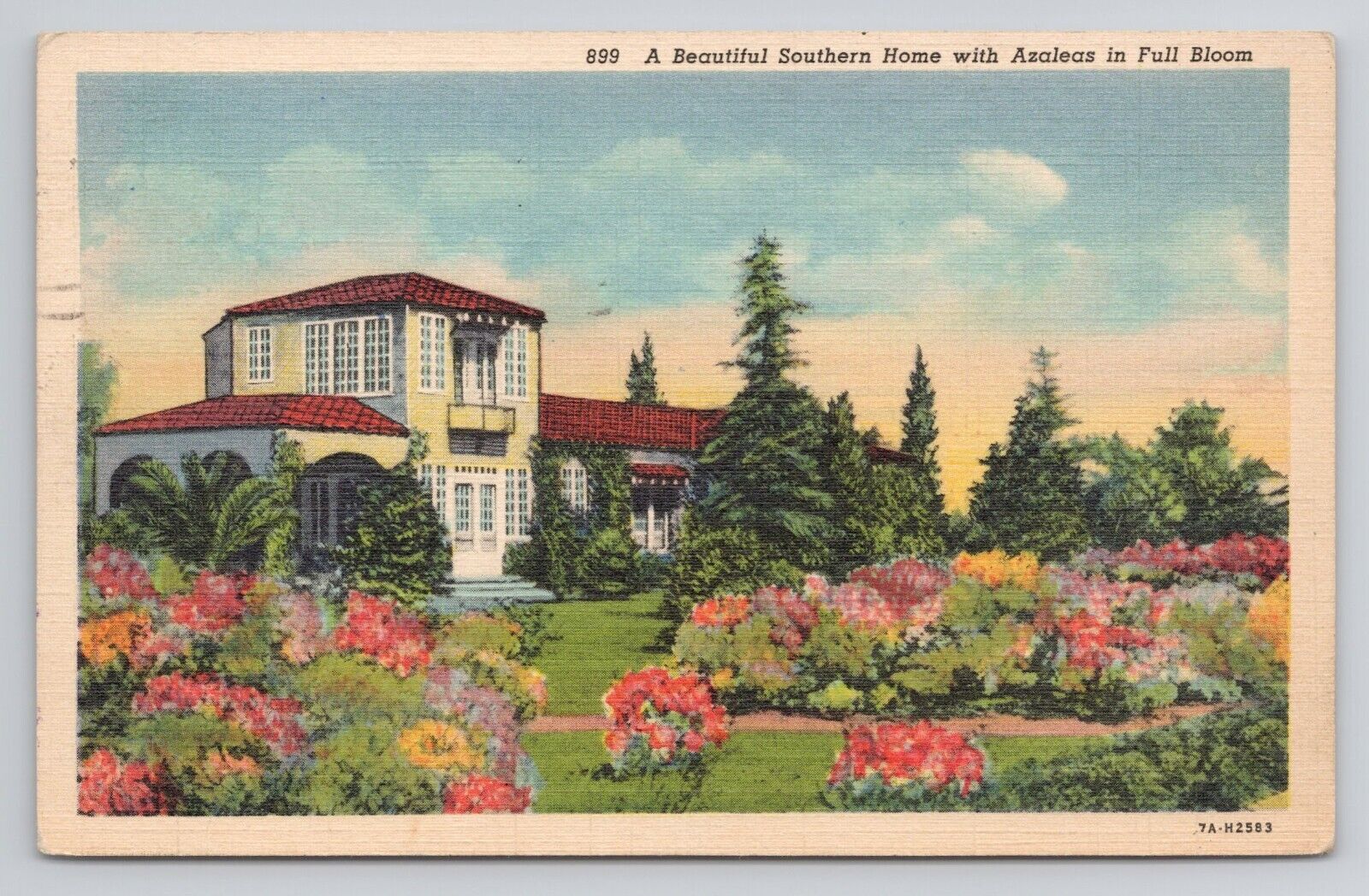 A Beautiful Southern Home with Azaleas in Full Bloom Linen Postcard No 4250