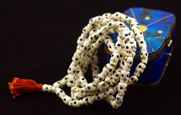 Vintage 108 Beads Yak Bone Skull Prayer Mala Tibetan Buddhist Necklace Feng Shui