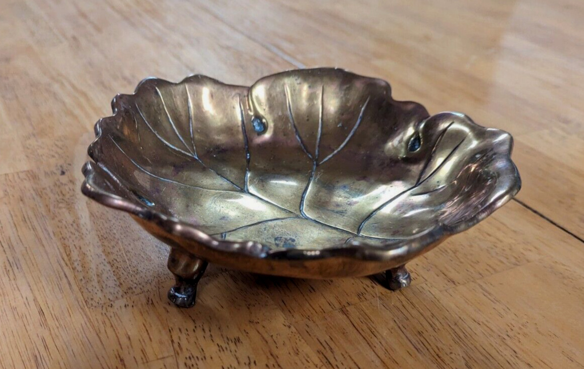 Vintage Heavy Brass Leaf Footed Trinket Dish Bowl metal Mid Century Modern MCM