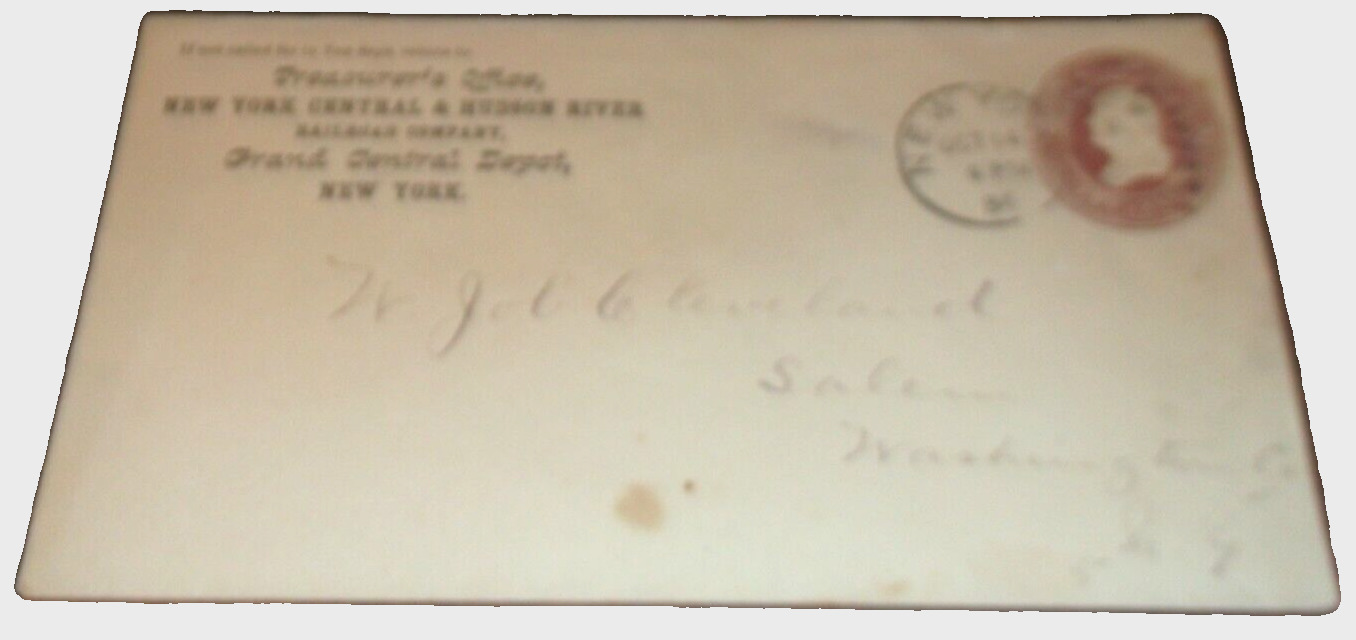 1884 NEW YORK CENTRAL AND HUDSON RIVER RAILROAD NYC USED COMPANY ENVELOPE