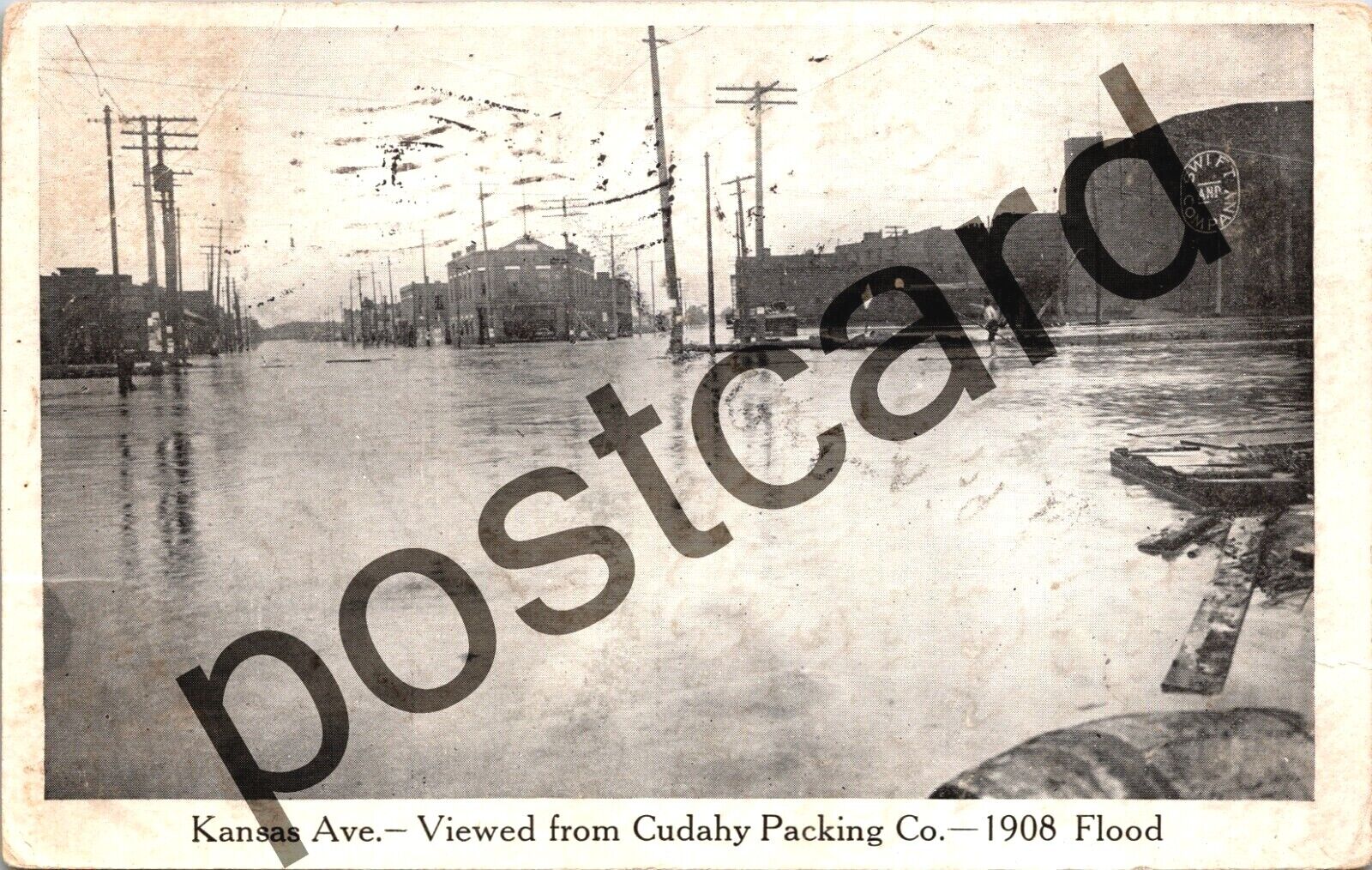 1908 KANSAS CITY MO, 1908 Flood, View from Cudahy Packing Co, postcard jj061