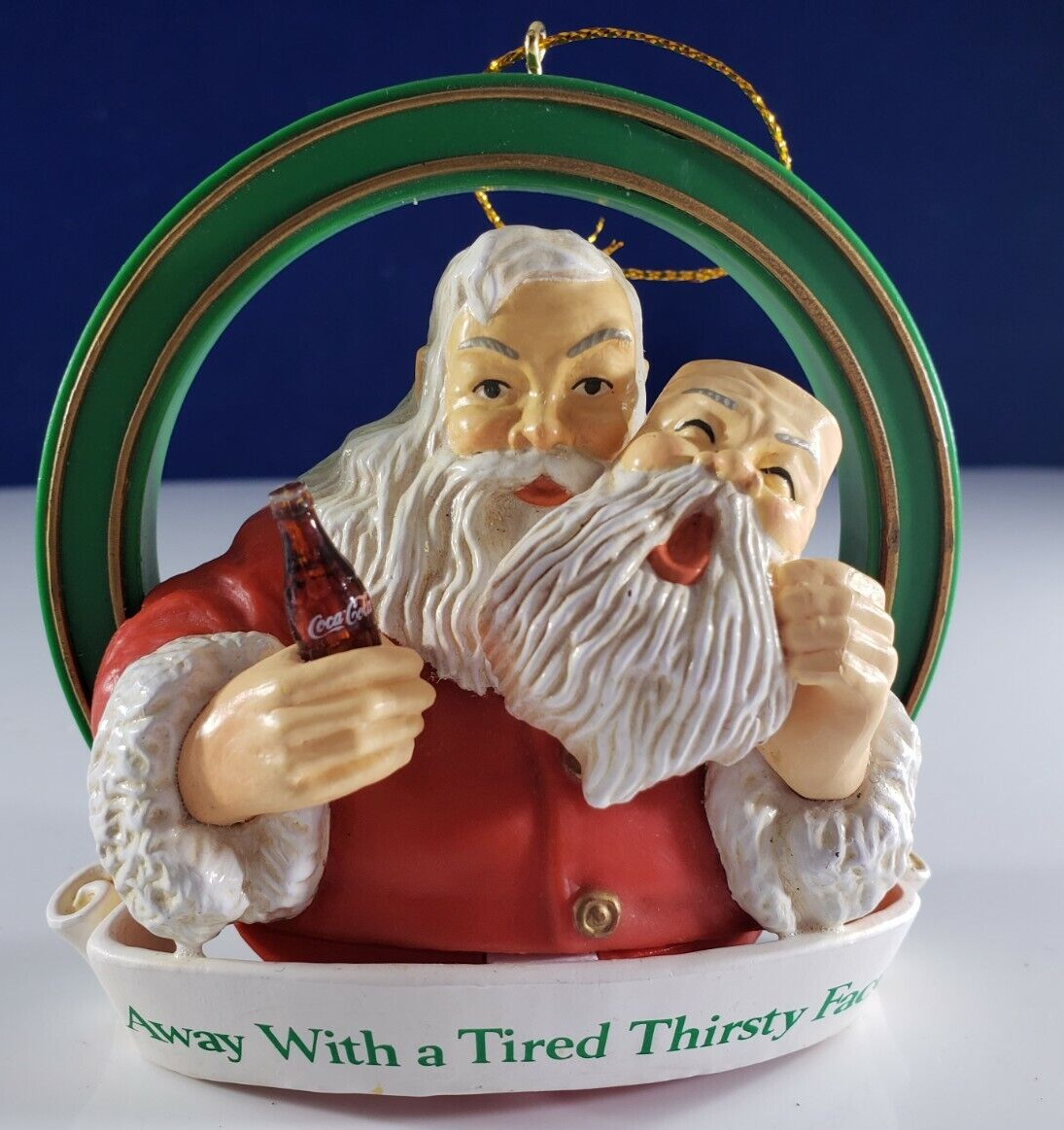 Vintage 1990 Santa Coca Cola Ornament Away with a Tired Thirsty Face Mask