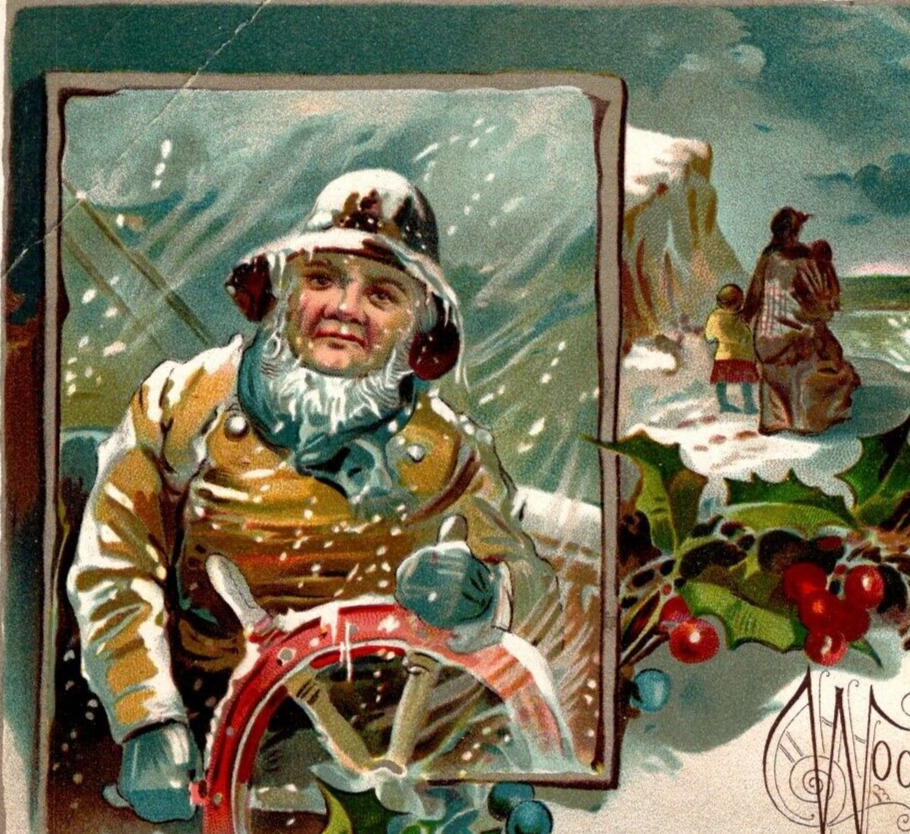 1890s Large Christmas Greeting Woolson Spice Sailor Holly Victorian Trade Card