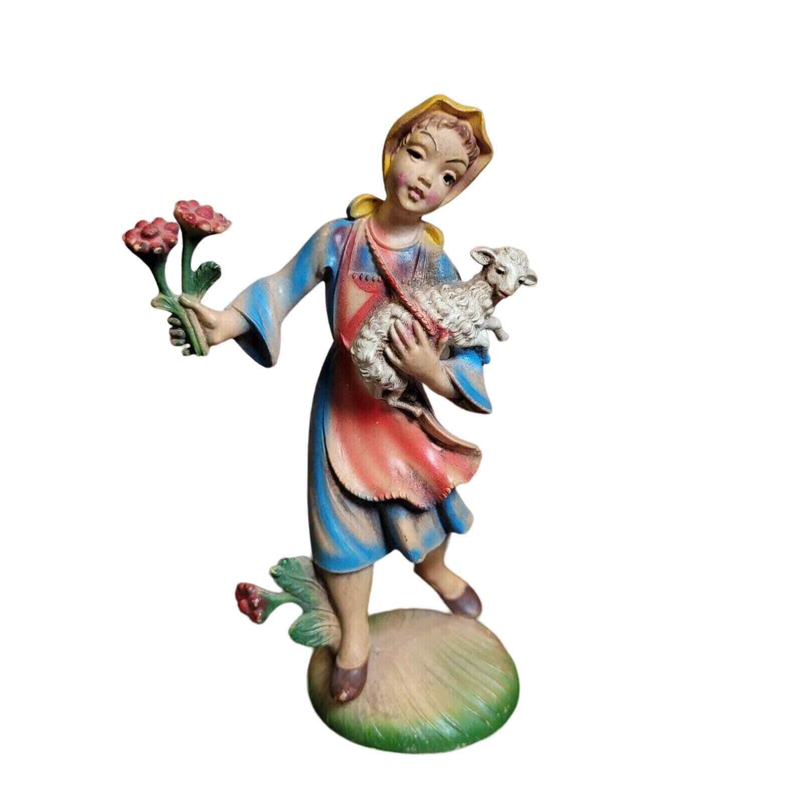 Vintage Italian Depose Resin Figurine Flower Girl with Lamb Country Village Life