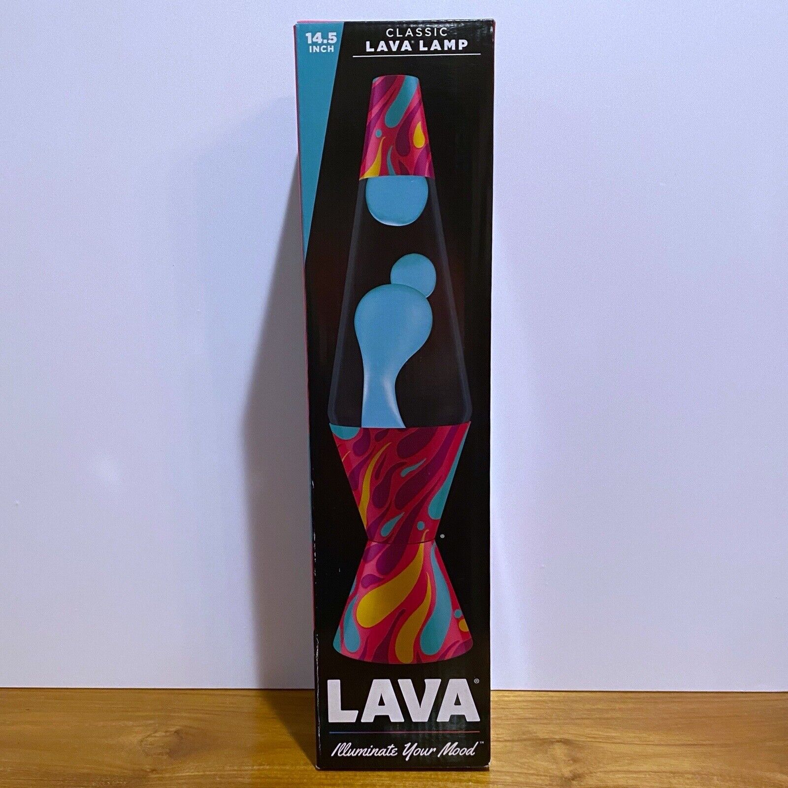 14.5” Turquoise Wax & Clear Liquid Lava Lamp With  Colorful Fiery Decal On Base