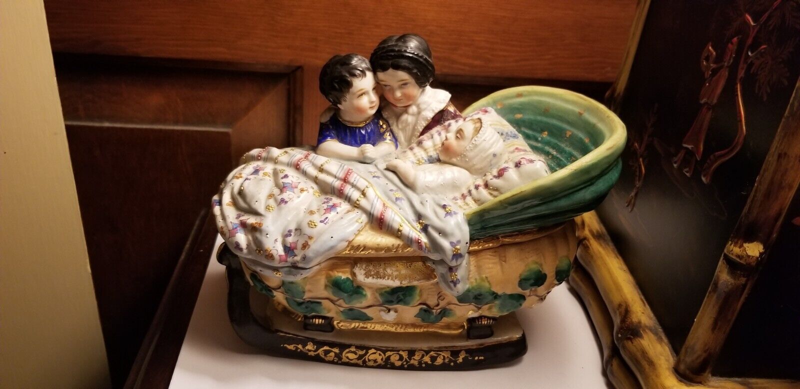 Antique Conta & BOEHME figurine trinket porcelain inkwell children at baby crib