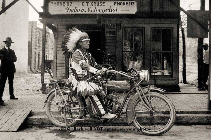 5x7 1920s Indian Motorcycle Dealership PHOTO Shop, Native American Indian Chief