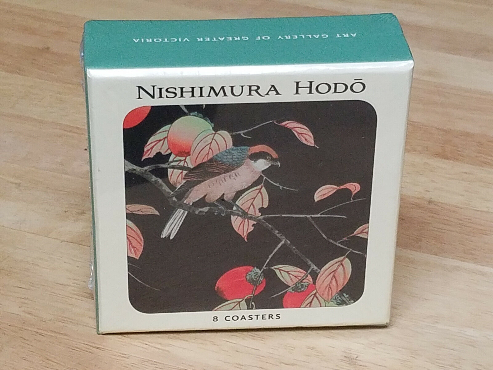 NISHIMURA HODO 8 Cork-Backed Laminated Coasters - SPARROW HAWK PERSIMMON BRANCH