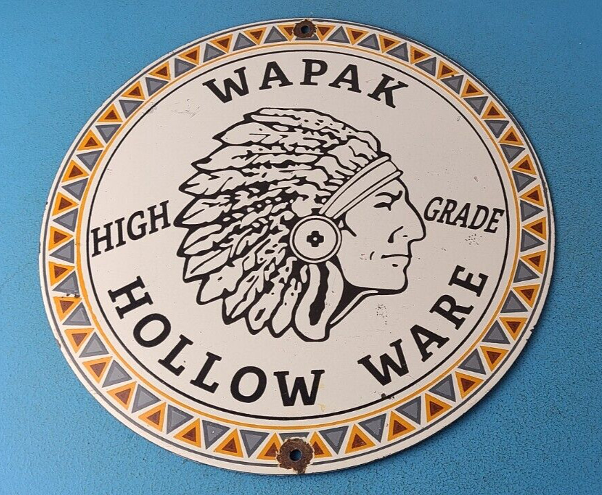 Vintage Wapak Hollow Ware Gasoline Sign - Indian Chief Gas Pump Porcelain Sign