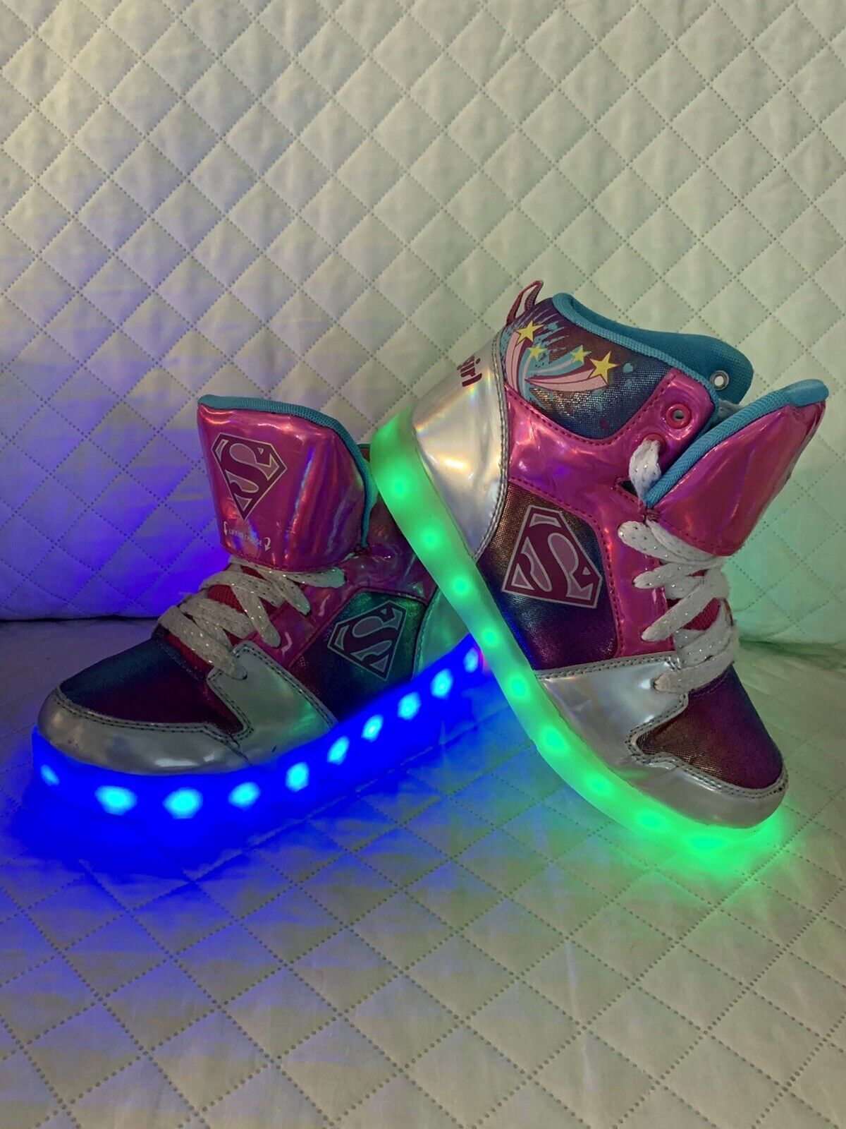 SUPERGIRL Sneakers Teen Girls Size 4 LED Light Up High-Top Shoes Colorful 