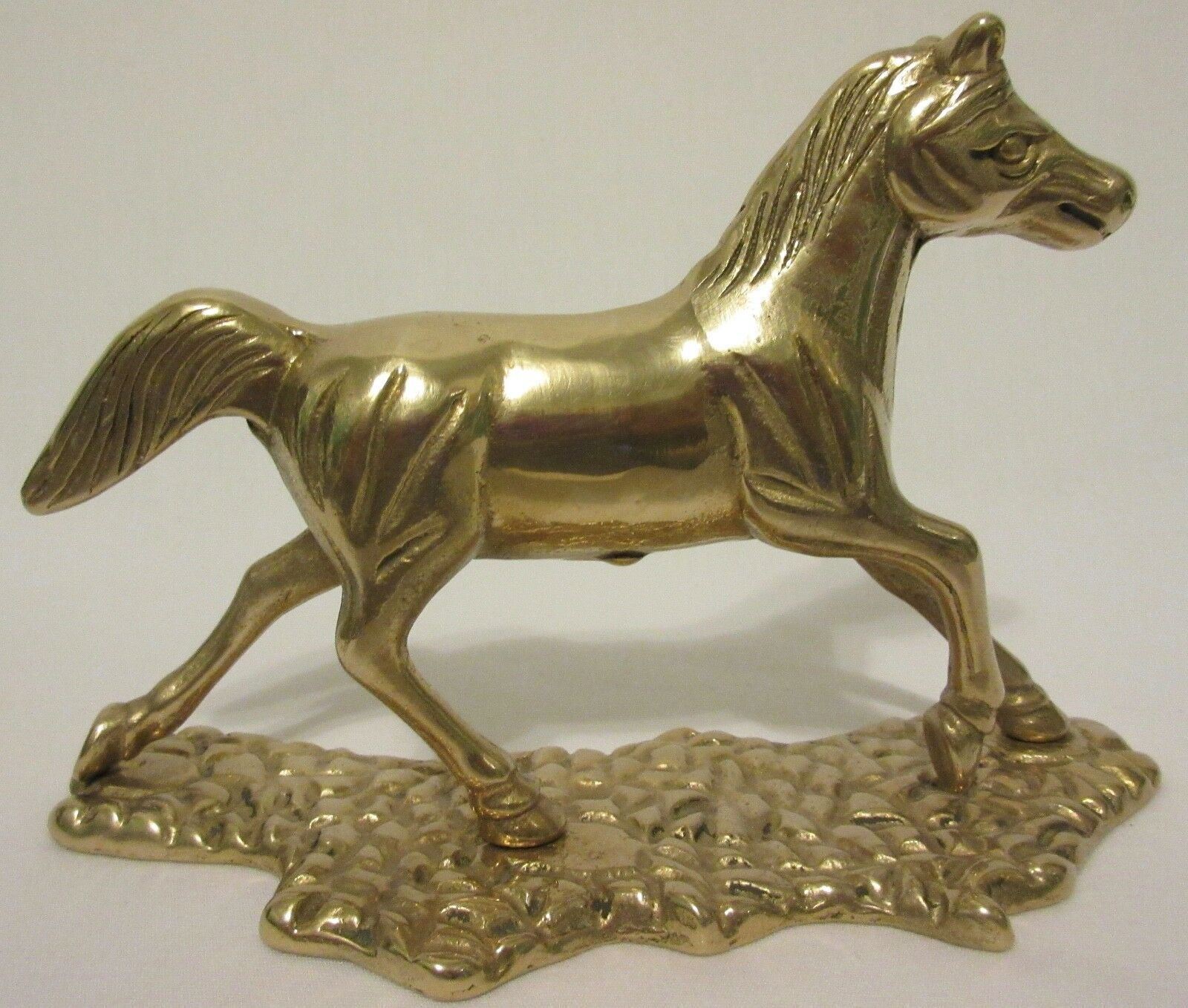 Vintage Antique Solid Brass Trotting Standing Horse Figurine Grass Base Mustang