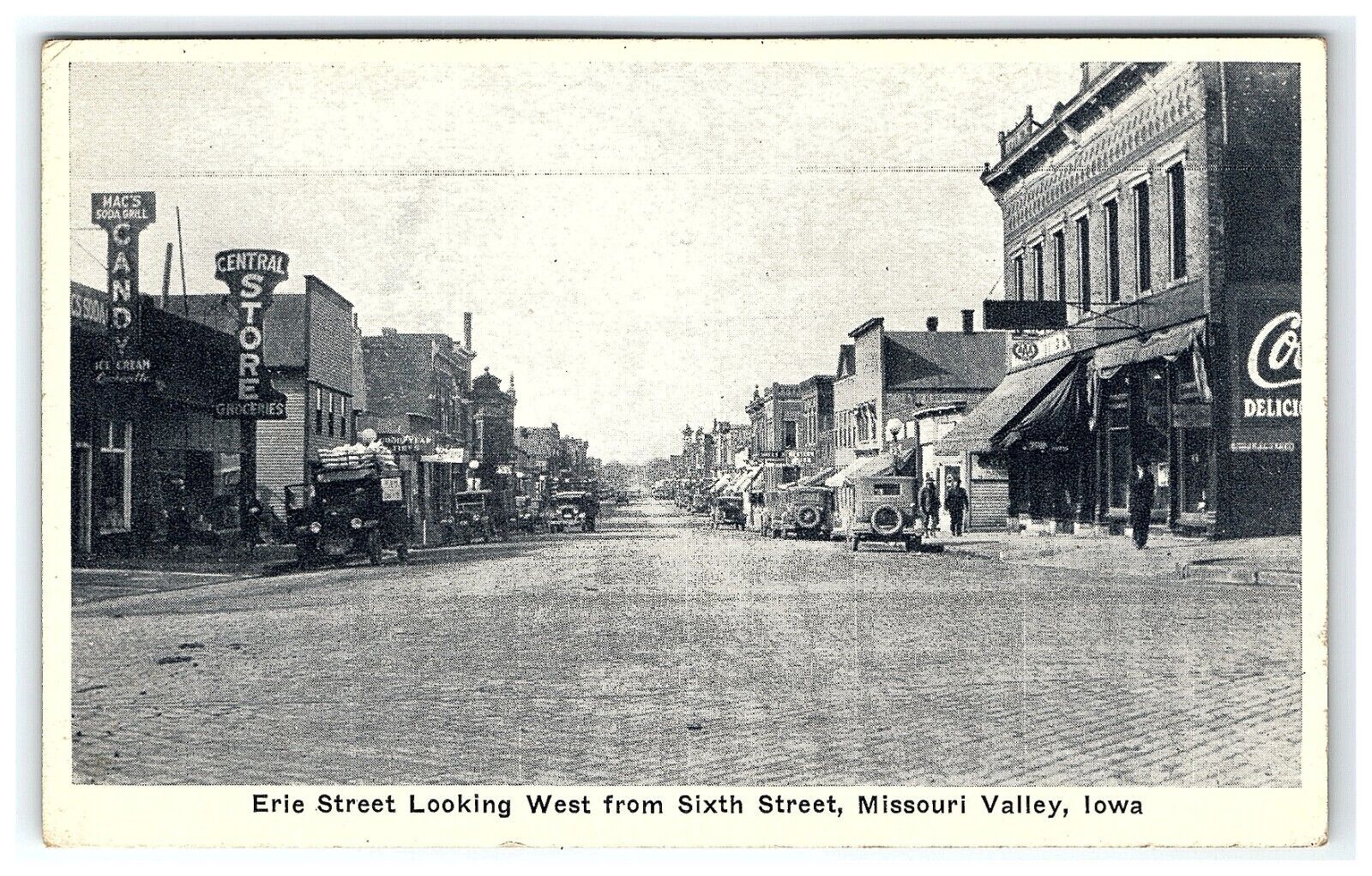 1907-15 Postcard Erie St Looking West From 6th St Missouri Valley IA Cars Stores