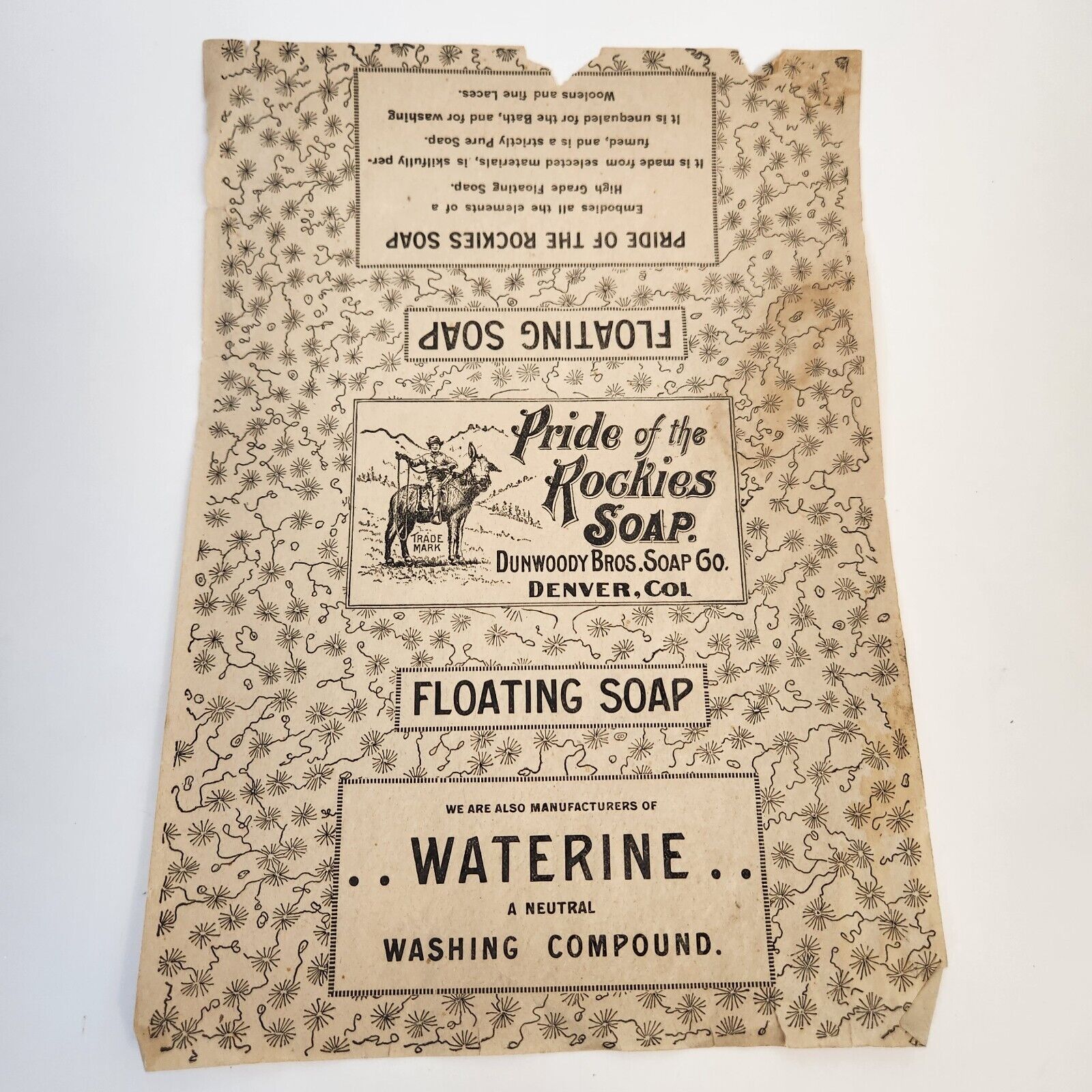 1890s Denver CO Dunwoody Bros Soap Co Illustrated Soap Bar Wrapper Advertising