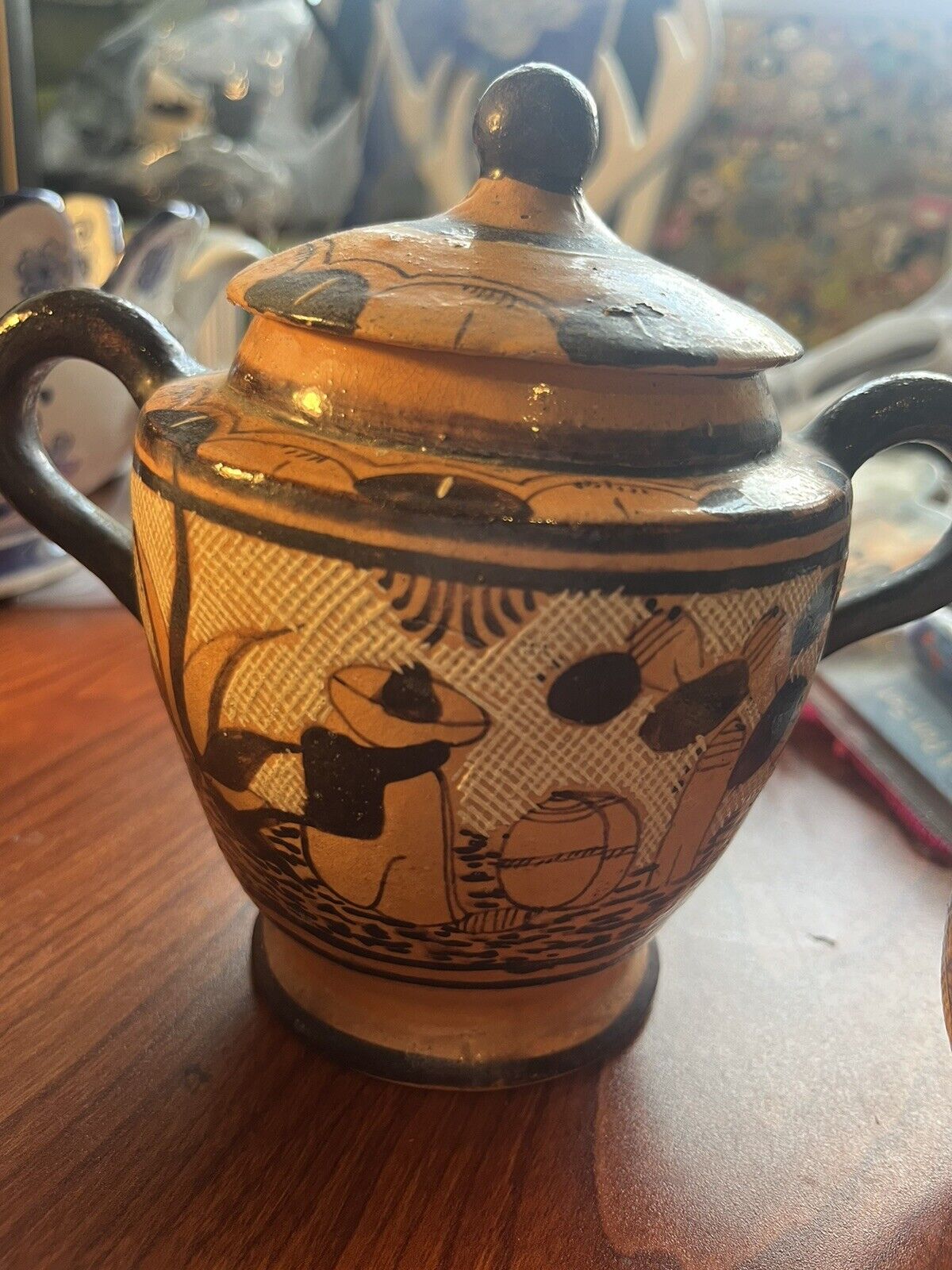 Mexican Tlaquepaque, Vintage Clay Pottery 12 Pc Set Teapot w/lid, Cups, Saucers